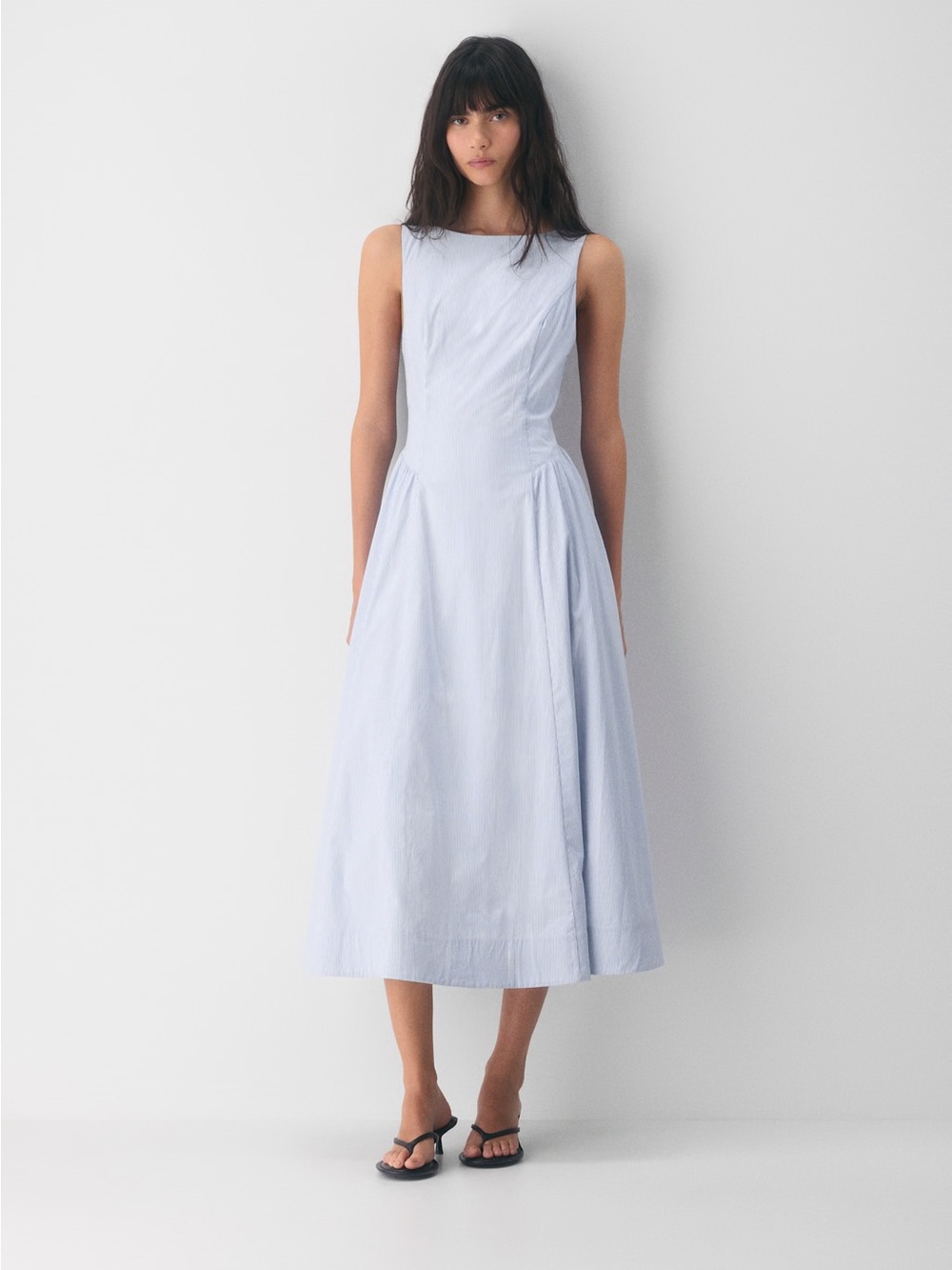 Aritzia Wilfred Tina Poplin Blue & White Sleeveless Midi Dress